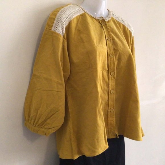 ZARA BASICS Winter Mustard Gold Cotton Corduroy Crochet Button Shirt Blouse Top - Picture 8 of 16